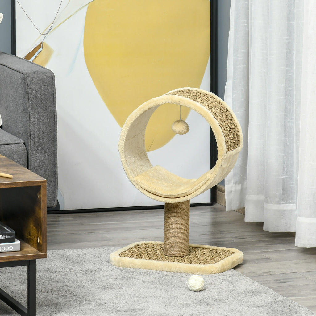 Arbre à chat en cercle avec griffoir en jute et jouet de souris coussin en peluche doux en panneaux de particules 40 x 30 x 56 cm kaki beige café-9