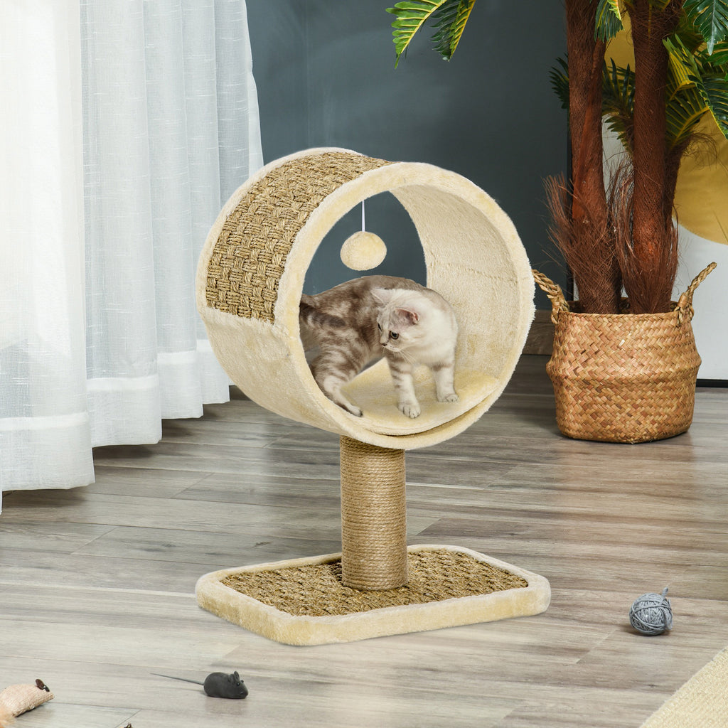 Arbre à chat en cercle avec griffoir en jute et jouet de souris coussin en peluche doux en panneaux de particules 40 x 30 x 56 cm kaki beige café-1