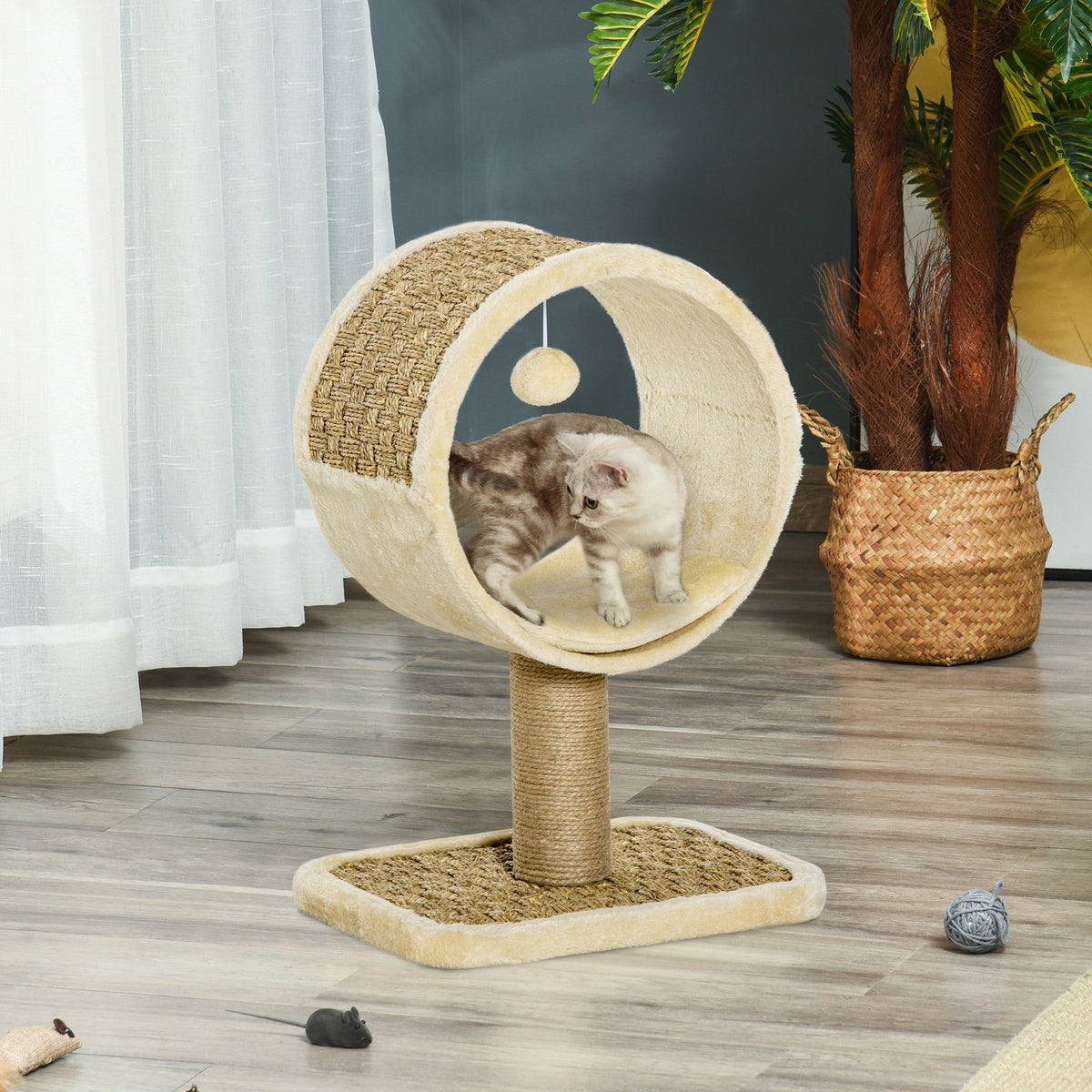 Arbre à chat en cercle avec griffoir en jute et jouet de souris coussin en peluche doux en panneaux de particules 40 x 30 x 56 cm kaki beige café-1