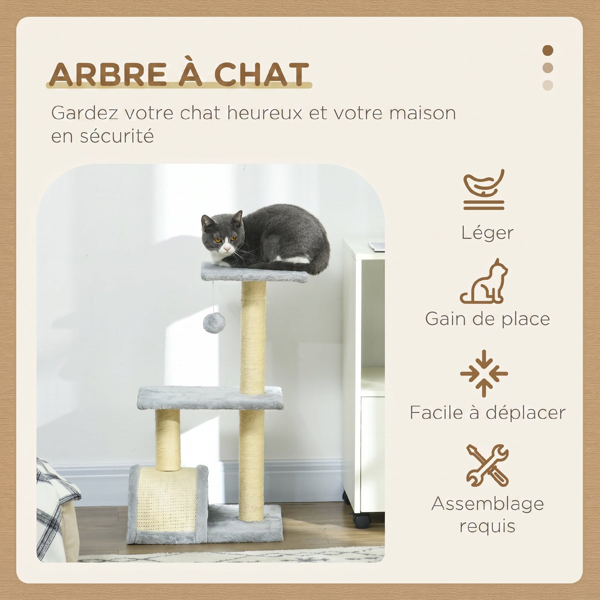 Arbre à chat arbre à grimper griffoir pour chat hauteur 72 cm balle suspendue gris clair-3