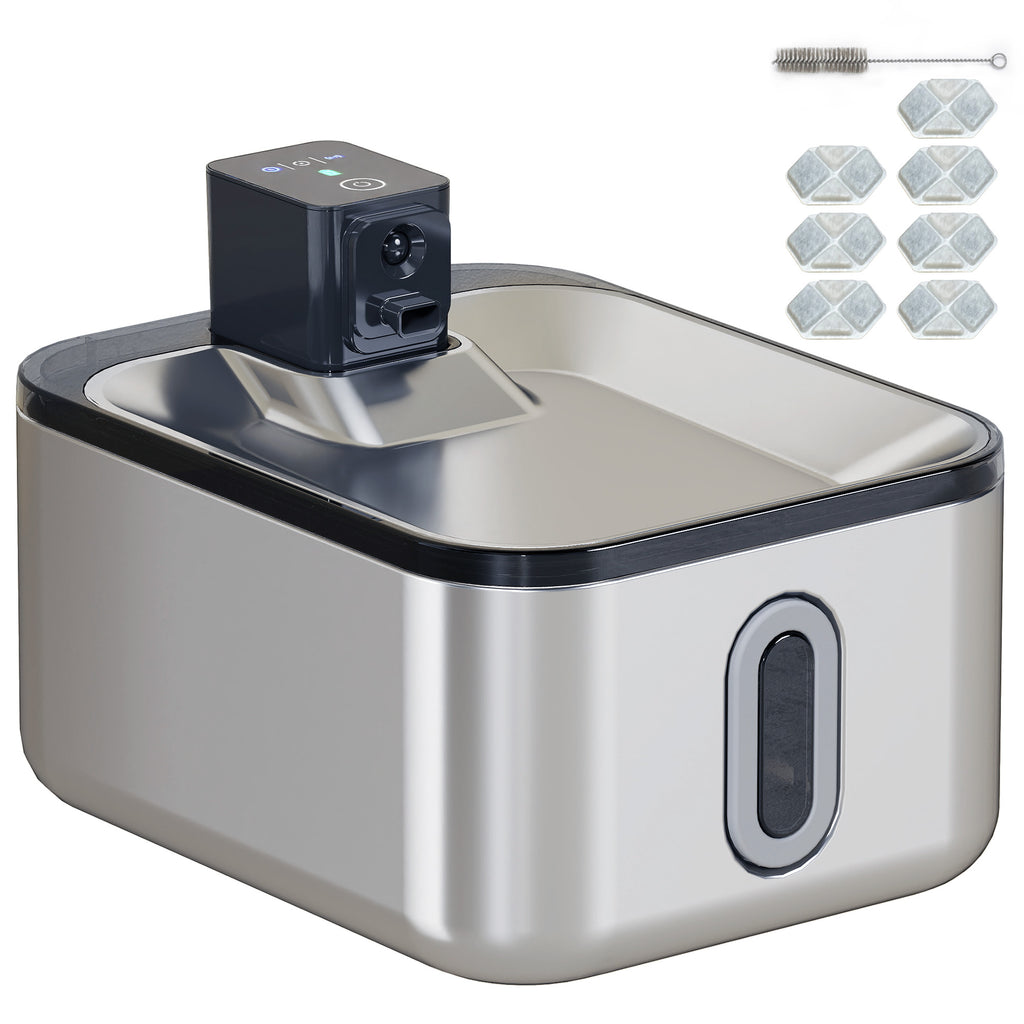Fontaine à eau pour chat automatique en inox 5L, silencieuse, distributeur eau chat 3-étapes filtre chargeur USB, argent-0