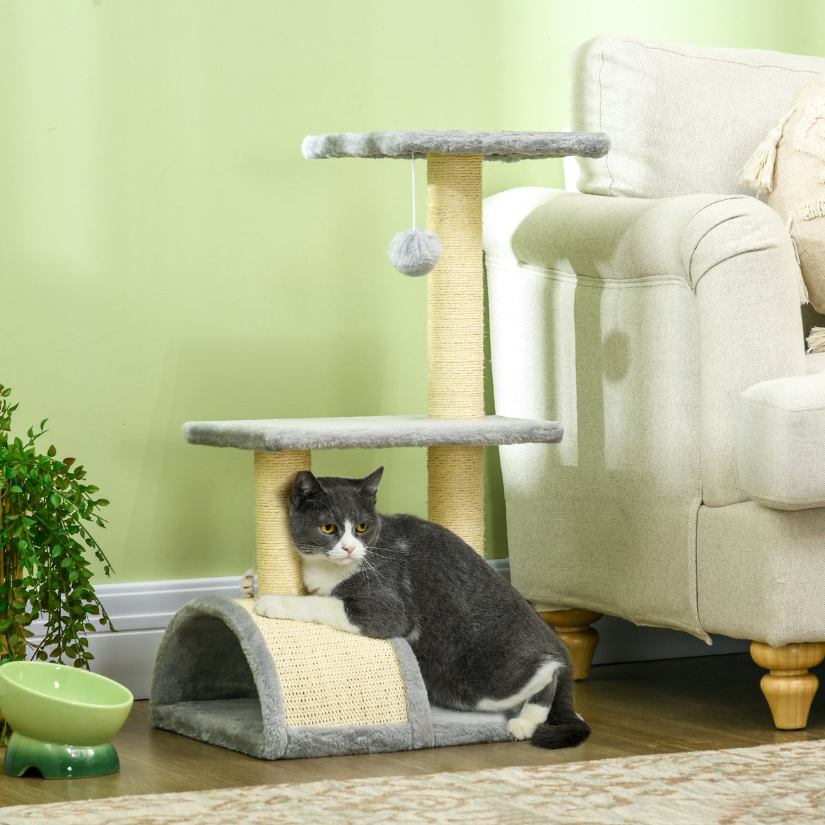 Arbre à chat arbre à grimper griffoir pour chat hauteur 72 cm balle suspendue gris clair-9