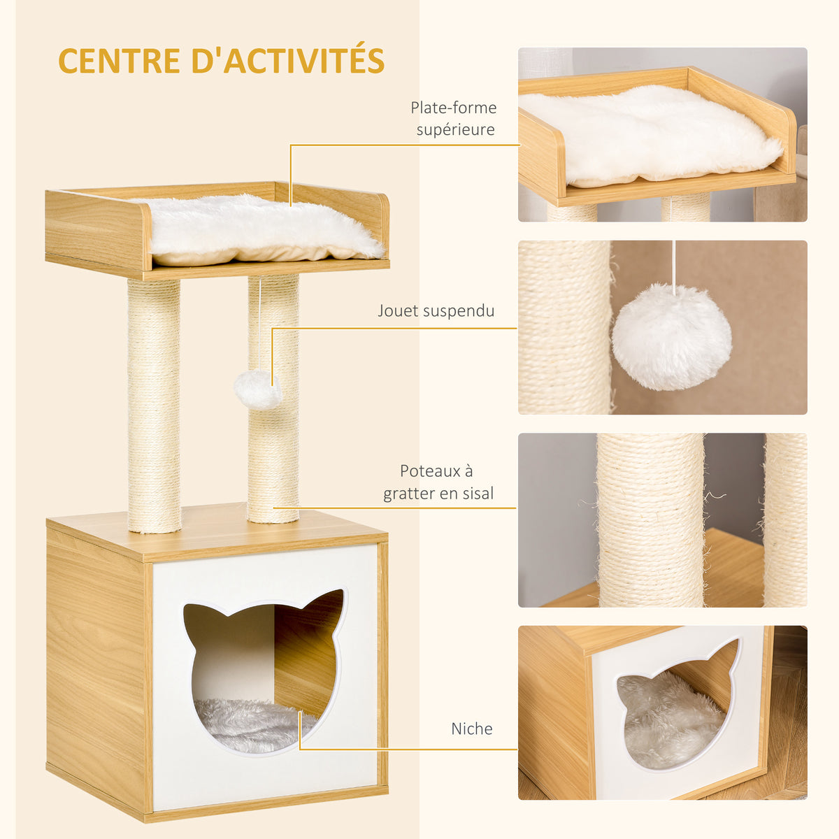 Arbre à chat griffoir pour chat arbre à grimper niche maison pour chat plate-forme supérieure balle suspendue hauteur 81 cm-5