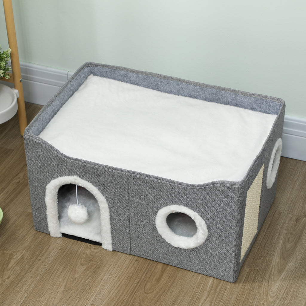 Niche Chat Interieur Pliable avec Griffoir, Lit Surélevé, Entrées, Jouet Suspendu, Coussin Réversible, 60x40x34cm, Gris-7