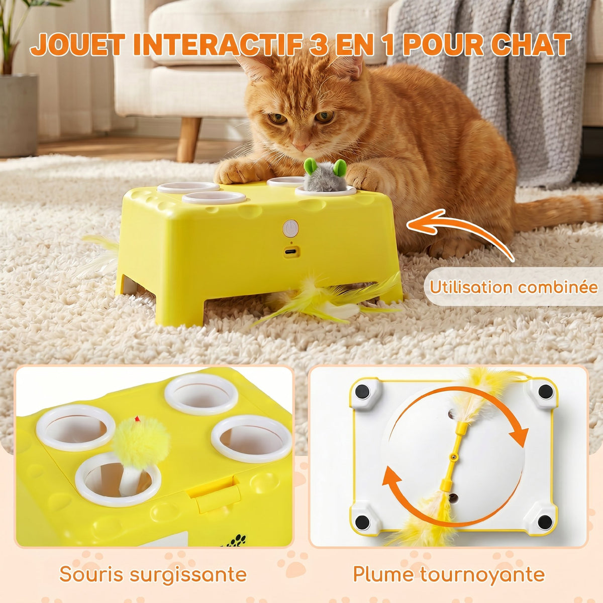 Jouet Interactif pour Chats d'Intérieur Rechargeable, 3 Modes Réglables Repos Intelligent, 18,8 x 14 x 6 cm, Jaune-3