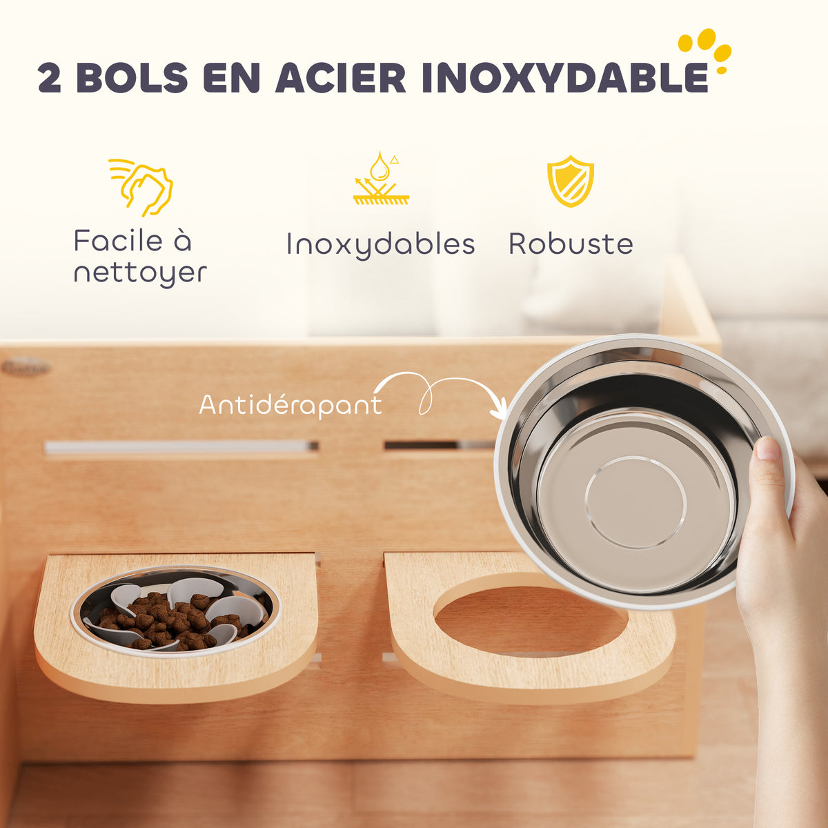 Gamelle chien surélevée de 3 hauteurs ajustables gamelle pour chien 2 bols acier inoxydable 63 x 58,5 x 40 cm chêne-6