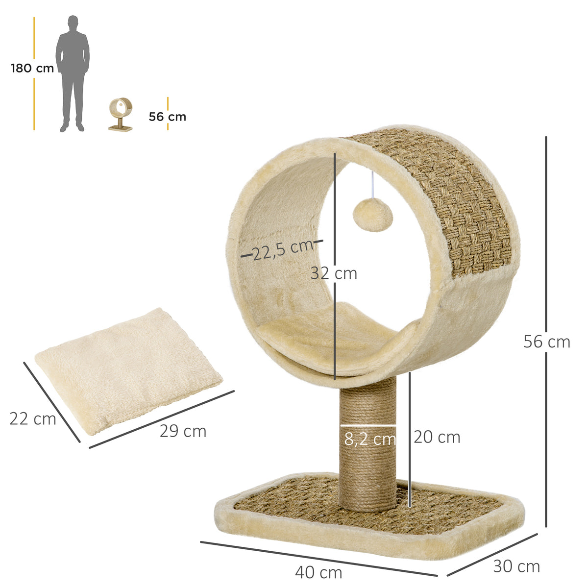 Arbre à chat en cercle avec griffoir en jute et jouet de souris coussin en peluche doux en panneaux de particules 40 x 30 x 56 cm kaki beige café-2