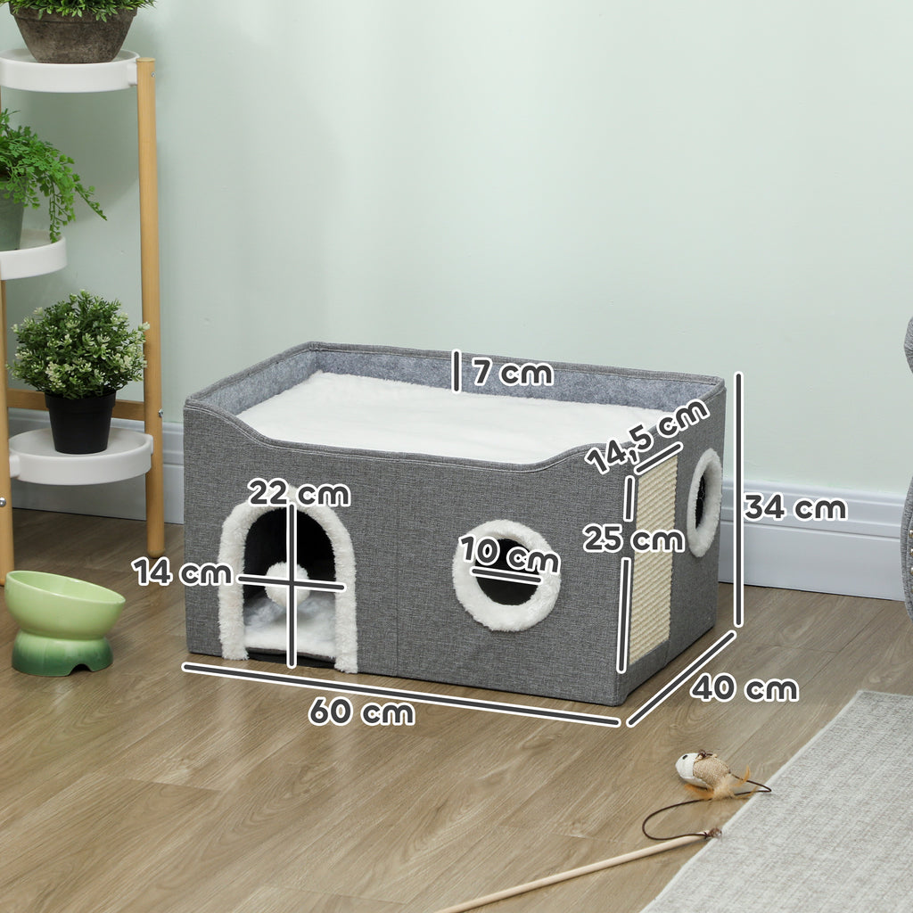 Niche Chat Interieur Pliable avec Griffoir, Lit Surélevé, Entrées, Jouet Suspendu, Coussin Réversible, 60x40x34cm, Gris-2