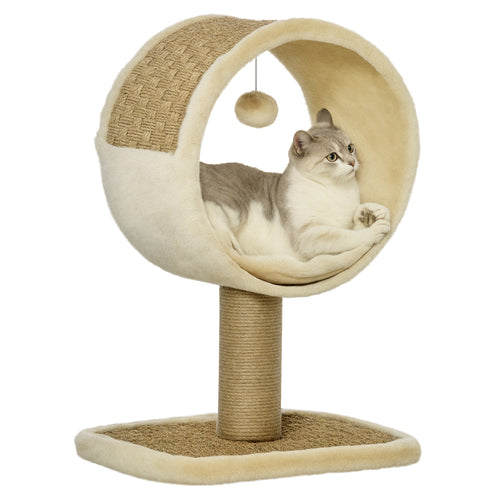 Arbre à chat en cercle avec griffoir en jute et jouet de souris coussin en peluche doux en panneaux de particules 40 x 30 x 56 cm kaki beige café-0