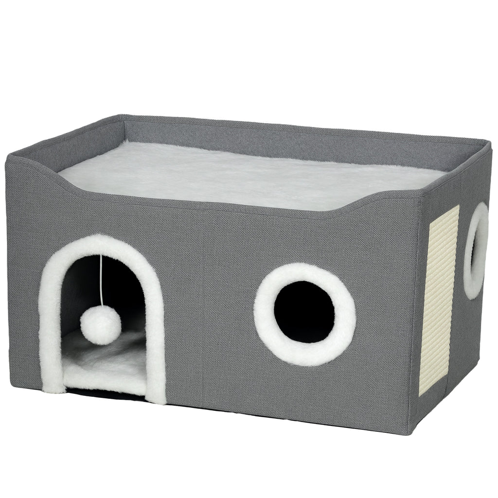 Niche Chat Interieur Pliable avec Griffoir, Lit Surélevé, Entrées, Jouet Suspendu, Coussin Réversible, 60x40x34cm, Gris-0