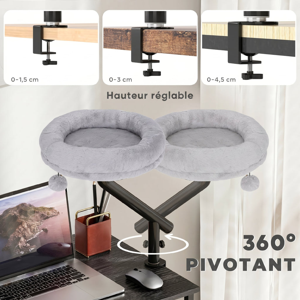 Lit de Bureau pour Chat Rotation de 360° et Hauteur Réglable, Lit pour Chat Lavable avec Balle Jouet,  35x35x48cm, Gris-4