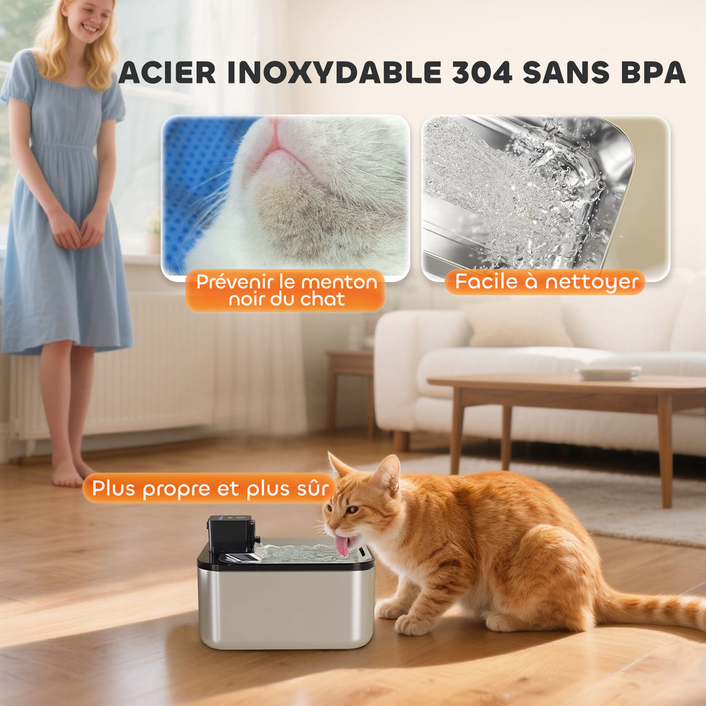 Fontaine à eau pour chat automatique en inox 5L, silencieuse, distributeur eau chat 3-étapes filtre chargeur USB, argent-8