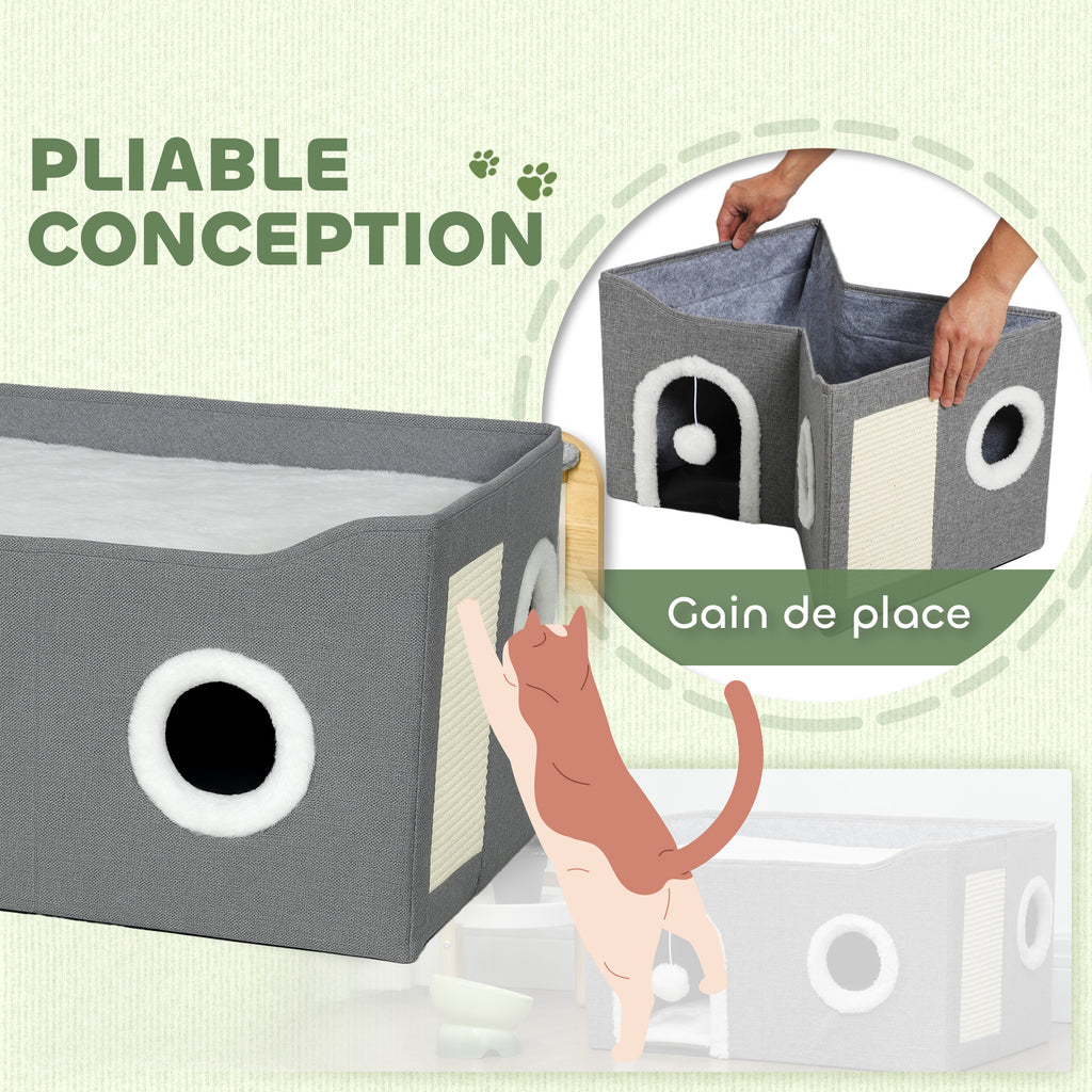 Niche Chat Interieur Pliable avec Griffoir, Lit Surélevé, Entrées, Jouet Suspendu, Coussin Réversible, 60x40x34cm, Gris-6