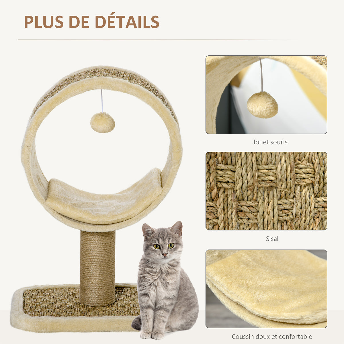 Arbre à chat en cercle avec griffoir en jute et jouet de souris coussin en peluche doux en panneaux de particules 40 x 30 x 56 cm kaki beige café-4