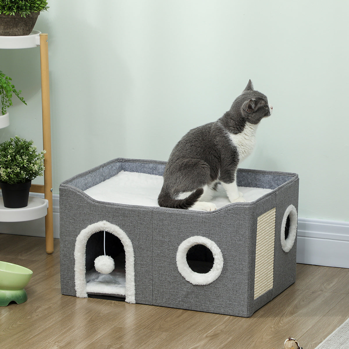 Niche Chat Interieur Pliable avec Griffoir, Lit Surélevé, Entrées, Jouet Suspendu, Coussin Réversible, 60x40x34cm, Gris-1