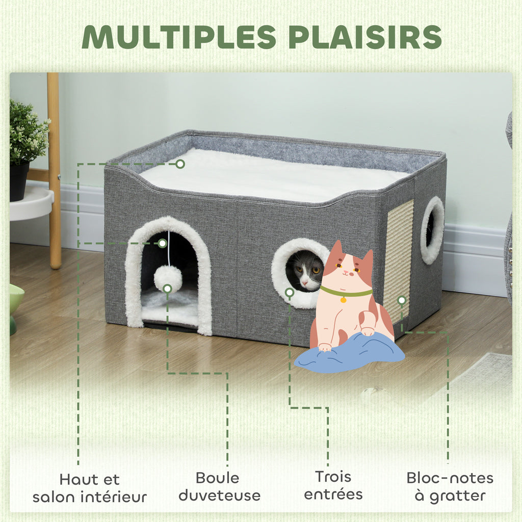 Niche Chat Interieur Pliable avec Griffoir, Lit Surélevé, Entrées, Jouet Suspendu, Coussin Réversible, 60x40x34cm, Gris-3