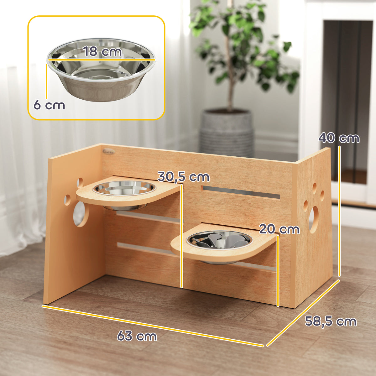 Gamelle chien surélevée de 3 hauteurs ajustables gamelle pour chien 2 bols acier inoxydable 63 x 58,5 x 40 cm chêne-2