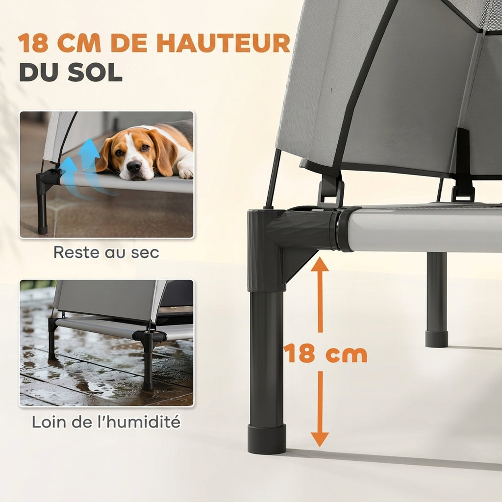 Lit pour Chien Surélevé Tente pour Chien avec Auvent Tente 3 Côtés Respirant Textilène Sac 76x61x70cm Gris Clair-4