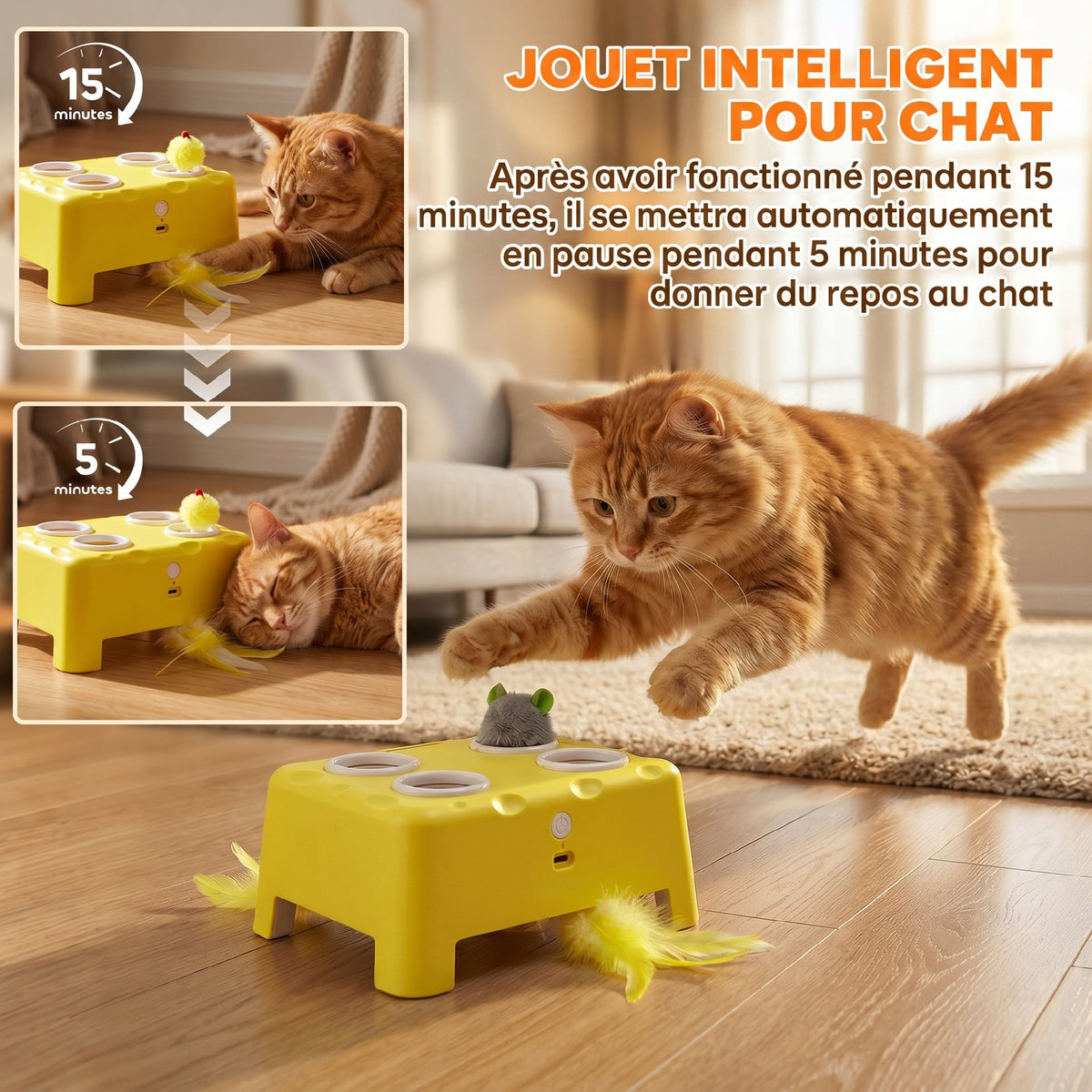 Jouet Interactif pour Chats d'Intérieur Rechargeable, 3 Modes Réglables Repos Intelligent, 18,8 x 14 x 6 cm, Jaune-4