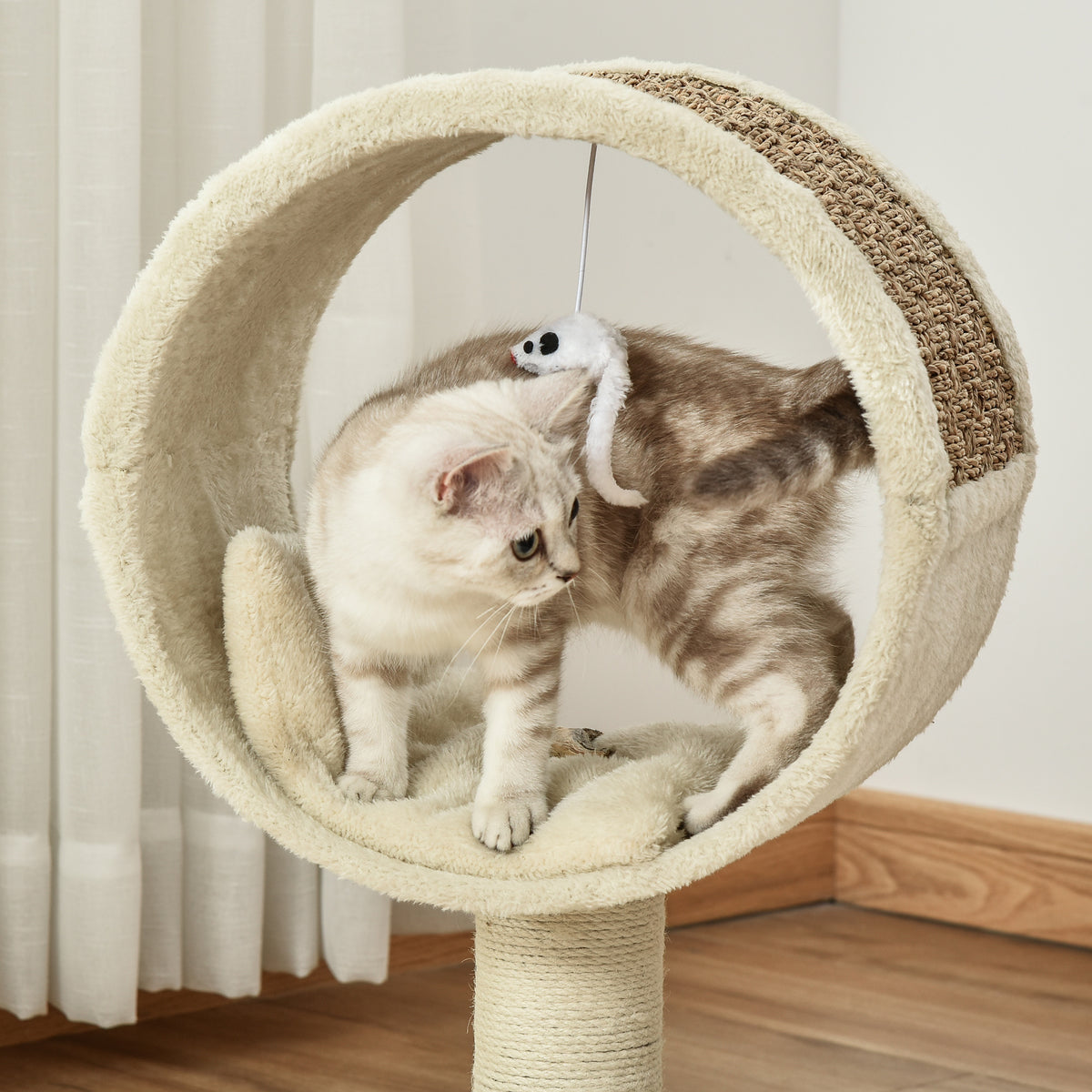 Arbre à chat en cercle avec griffoir en jute et jouet de souris coussin en peluche doux en panneaux de particules 40 x 30 x 56 cm kaki beige café-6